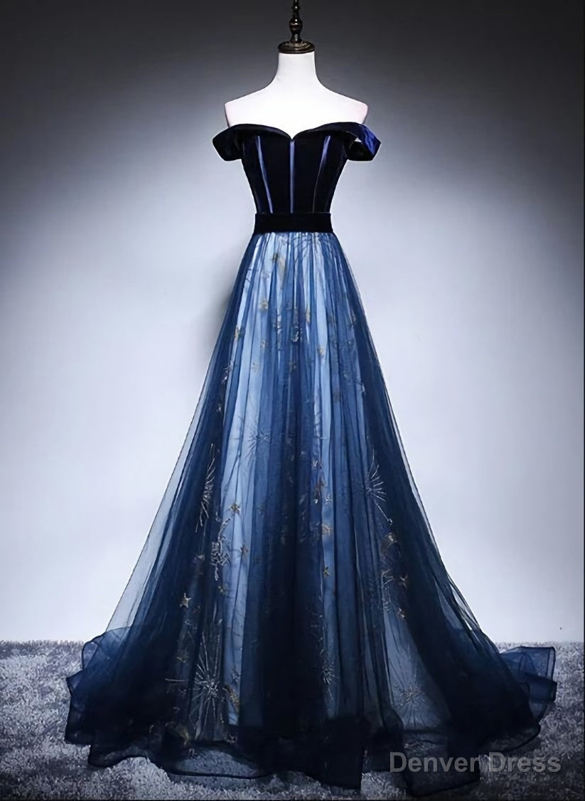 Navy Blue Off Shoulder Long Prom Dress, Long Prom Dresses