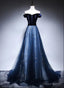 Navy Blue Off Shoulder Long Prom Dress, Long Prom Dresses