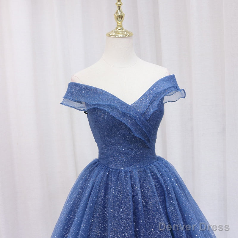 Navy Blue Off Shoulder Shiny Tulle Floor Length Prom Dress, Blue Prom Dress Secondary image