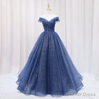 Navy Blue Off Shoulder Shiny Tulle Floor Length Prom Dress, Blue Prom Dresses