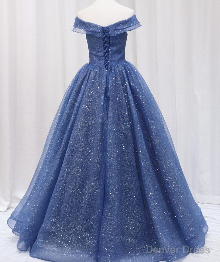 Navy Blue Off Shoulder Shiny Tulle Floor Length Prom Dress, Blue Prom Dresses