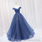 Navy Blue Off Shoulder Shiny Tulle Floor Length Prom Dress, Blue Prom Dresses