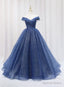 Navy Blue Off Shoulder Shiny Tulle Floor Length Prom Dress, Blue Prom Dresses