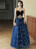 Navy Blue Off Shoulder Tulle Beaded Prom Dress, Blue Long Prom Dresses