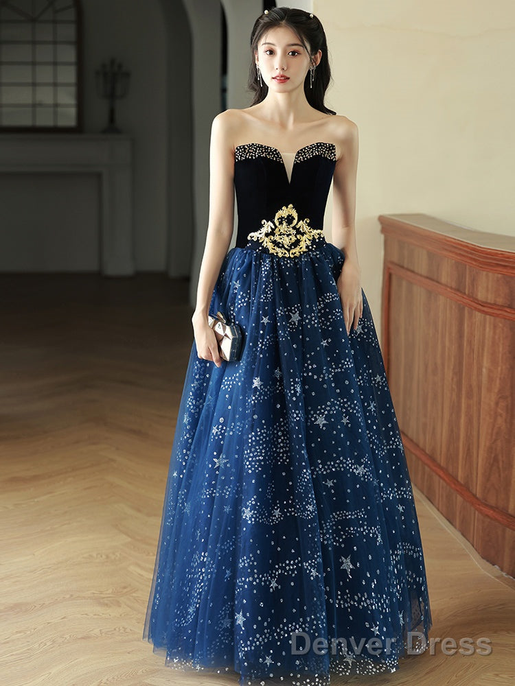 Navy Blue Off Shoulder Tulle Beaded Prom Dress, Blue Long Prom Dresses