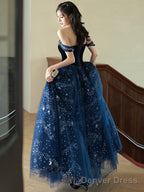Navy Blue Off Shoulder Tulle Beaded Prom Dress, Blue Long Prom Dresses