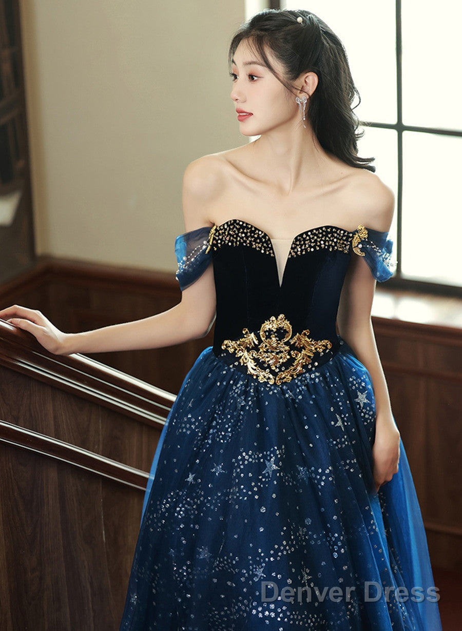 Navy Blue Off Shoulder Tulle Beaded Party Dress, Blue Long Formal Dress