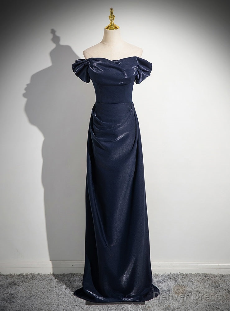 Navy Blue Off the Shoulder Pleats Prom Dresses