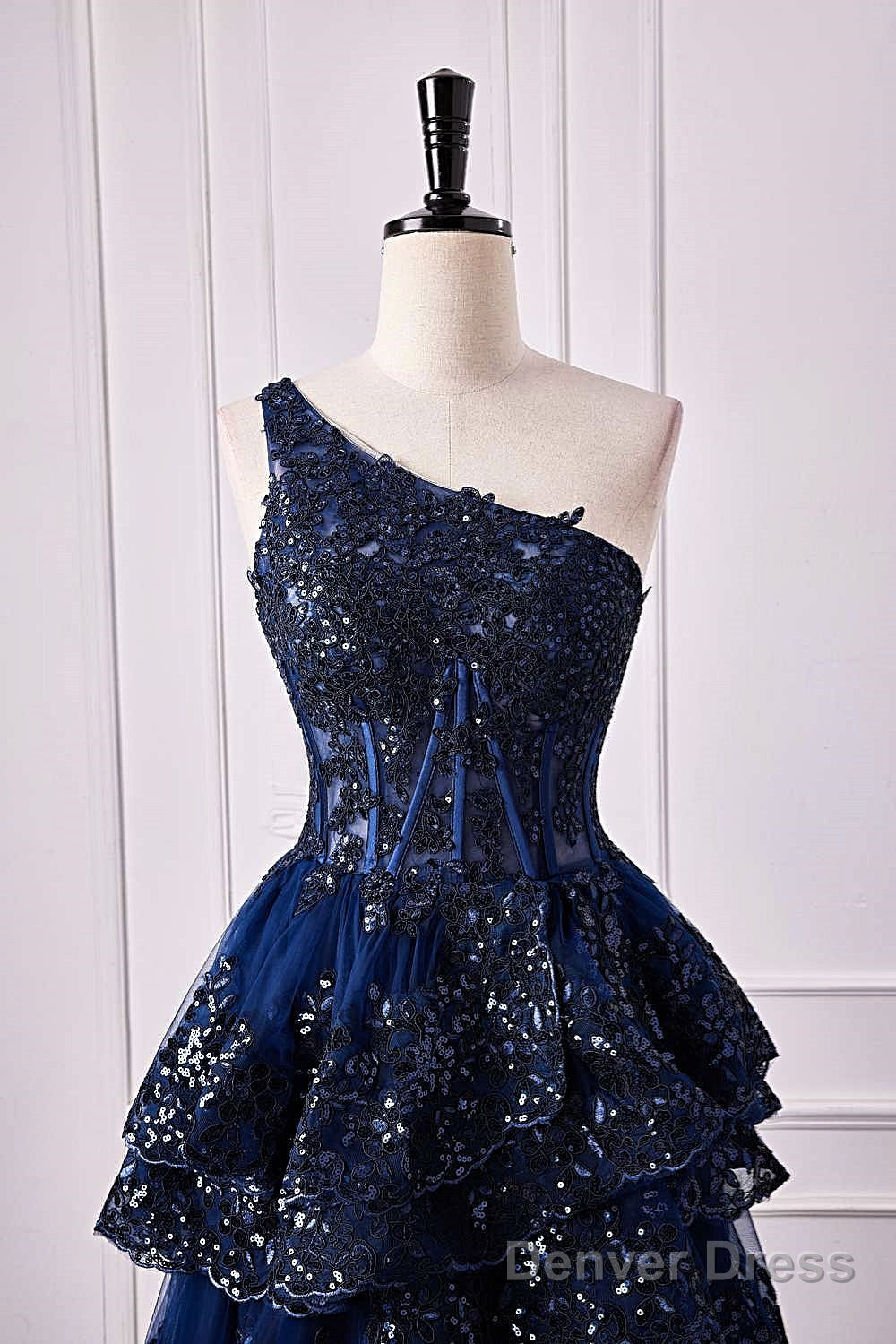 Navy Blue One Shoulder Sequin Ruffle A Line Prom Dresses