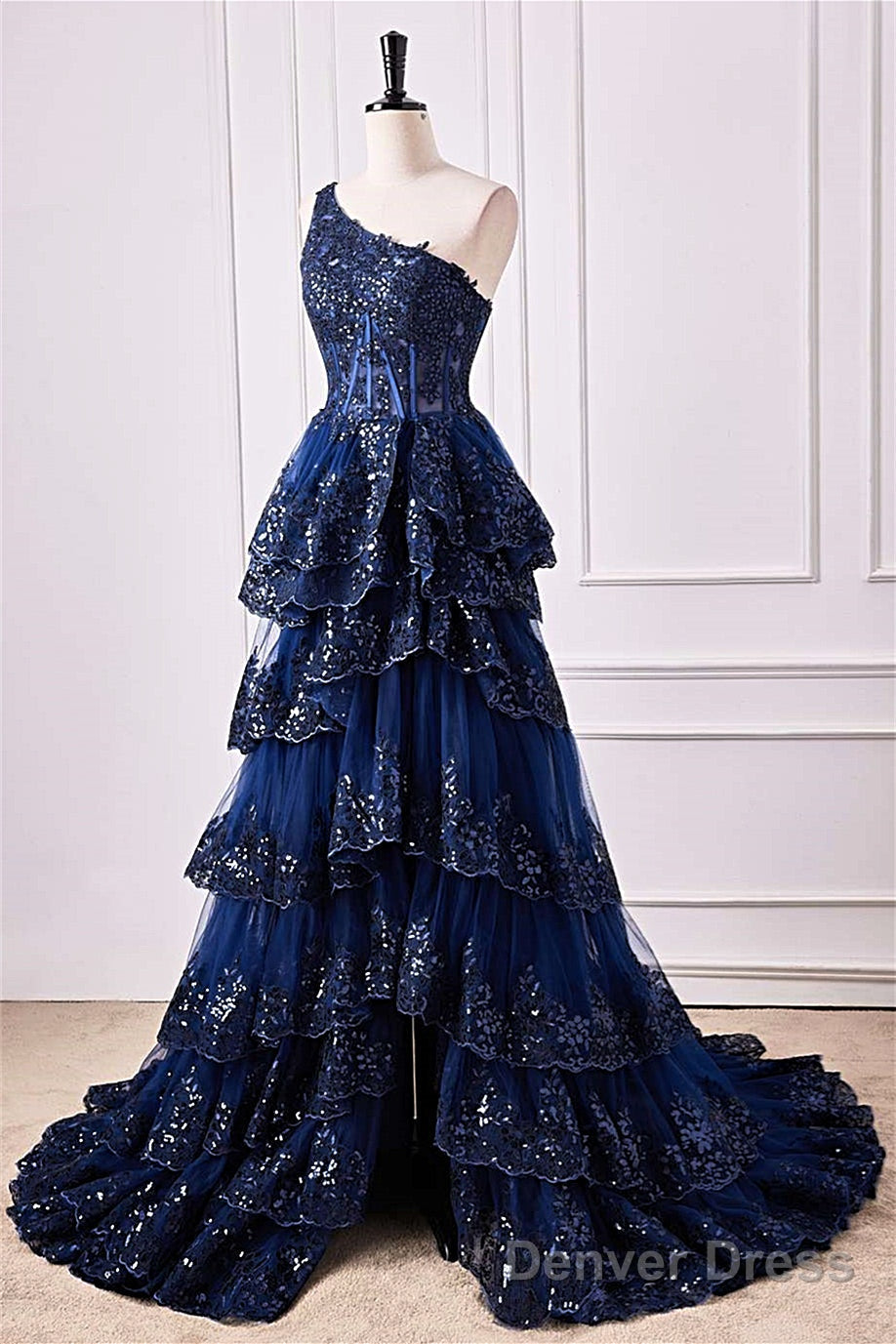 Navy Blue One Shoulder Sequin Ruffle A Line Prom Dresses