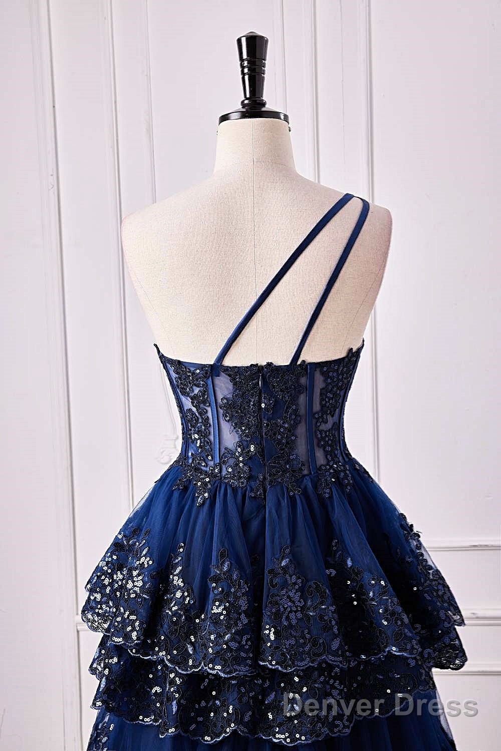 Navy Blue One Shoulder Sequin Ruffle A Line Prom Dresses