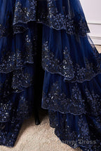 Navy Blue One Shoulder Sequin Ruffle A Line Prom Dresses