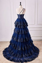 Navy Blue One Shoulder Sequin Ruffle A Line Prom Dresses