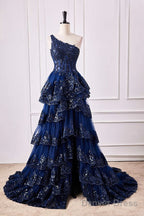 Navy Blue One Shoulder Sequin Ruffle A Line Prom Dresses