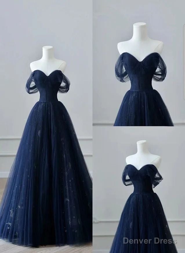 Navy Blue Prom Dress Tulle Off Shoulder Sweetheart Party Dress Main image