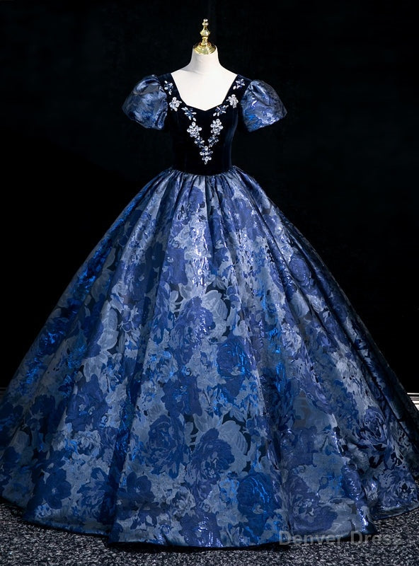 Navy Blue Puff Sleeve Beading Quinceanera Dresses