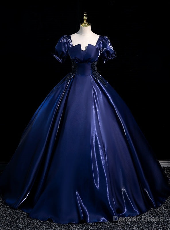 Navy Blue Puff Sleeve Square Beading Quinceanera Dresses