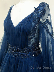 Navy Blue Puffy Sleeves Tulle With Beadings Long Party Dress, Blue Long Prom Dress