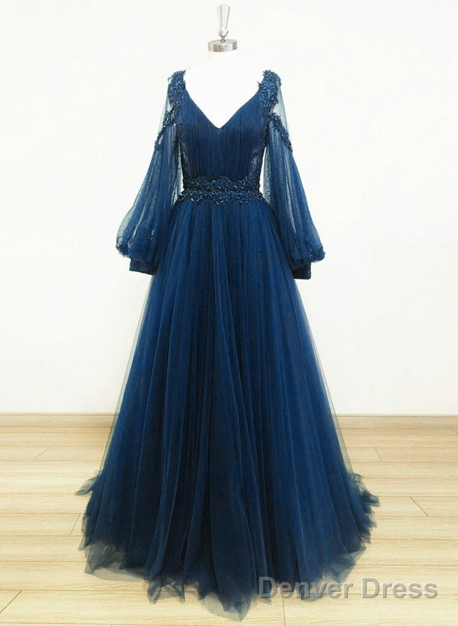 Navy Blue Puffy Sleeves Tulle With Beadings Long Party Dress, Blue Long Prom Dress Main image