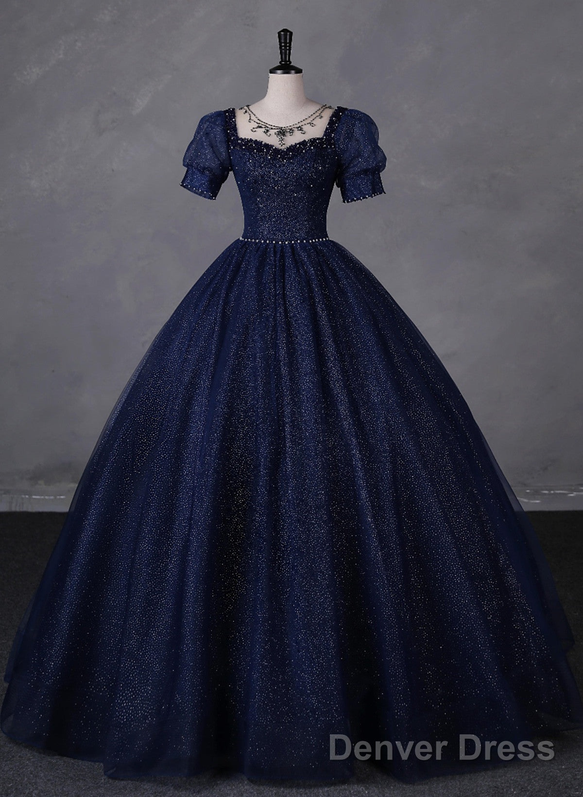 Navy Blue Round Neckline Short Sleeves Tulle Party Dress, Navy Blue Long Prom Dress