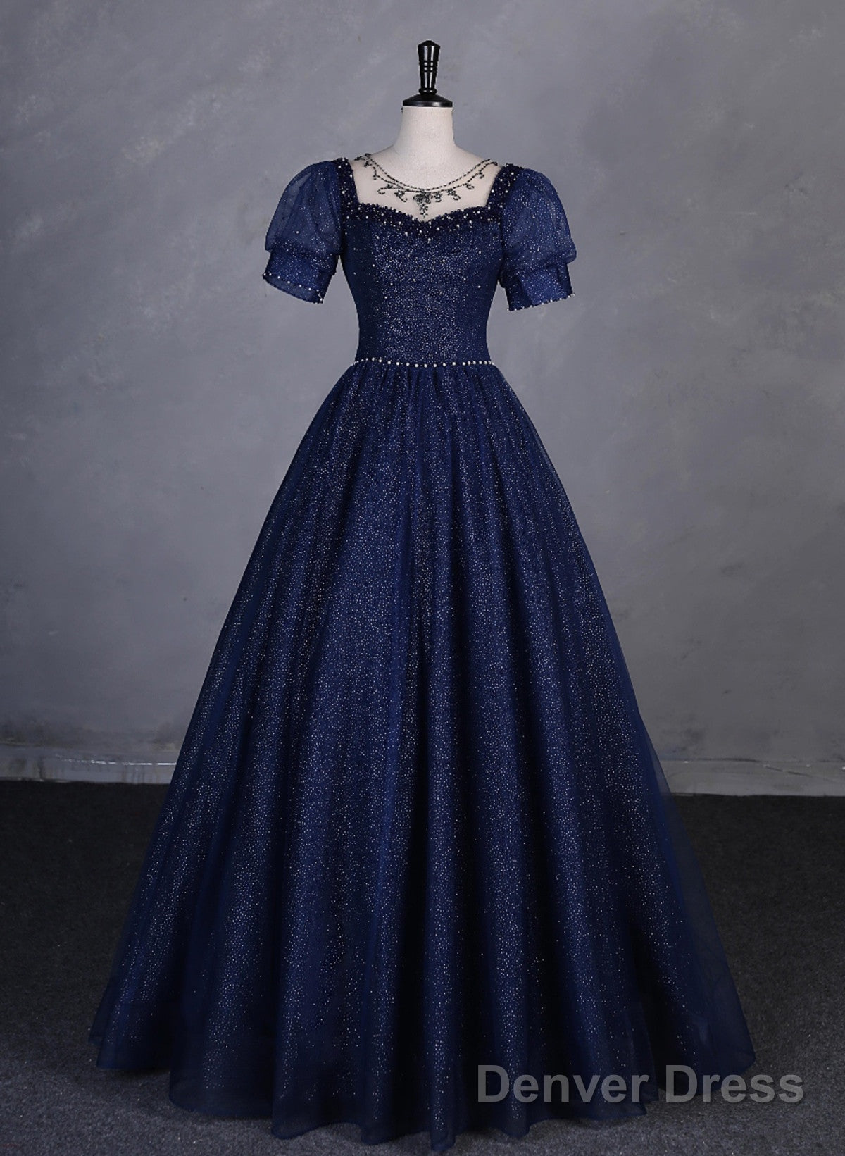 Navy Blue Round Neckline Short Sleeves Tulle Party Dress, Navy Blue Long Prom Dress Main image