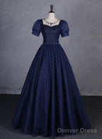 Navy Blue Round Neckline Short Sleeves Tulle Party Dress, Navy Blue Long Prom Dress