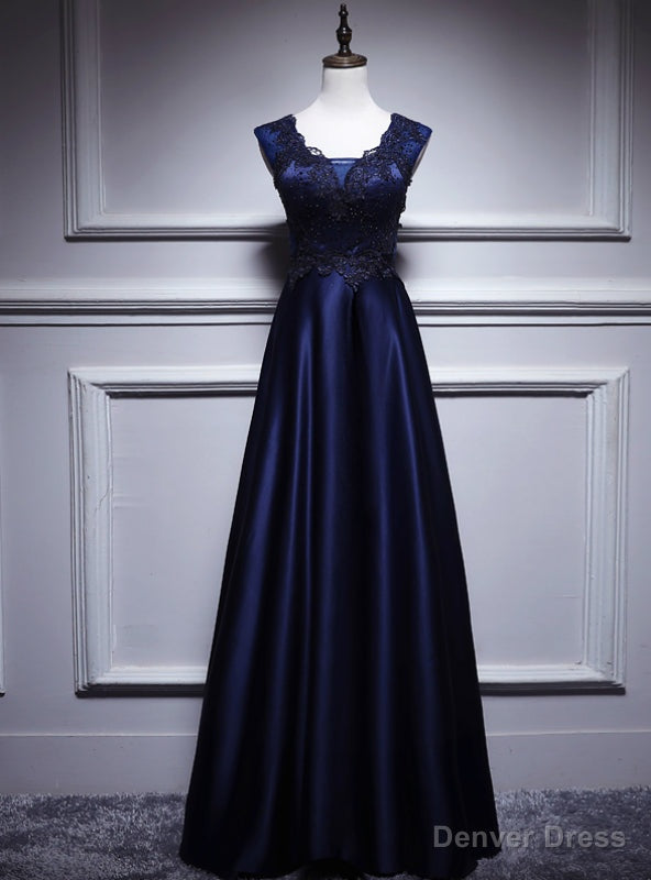Navy Blue Satin Appliques Beading V Neck Prom Dresses