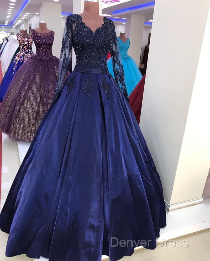 Navy Blue Satin Ball Gown Prom Dresses Lace Long Sleeves Secondary image
