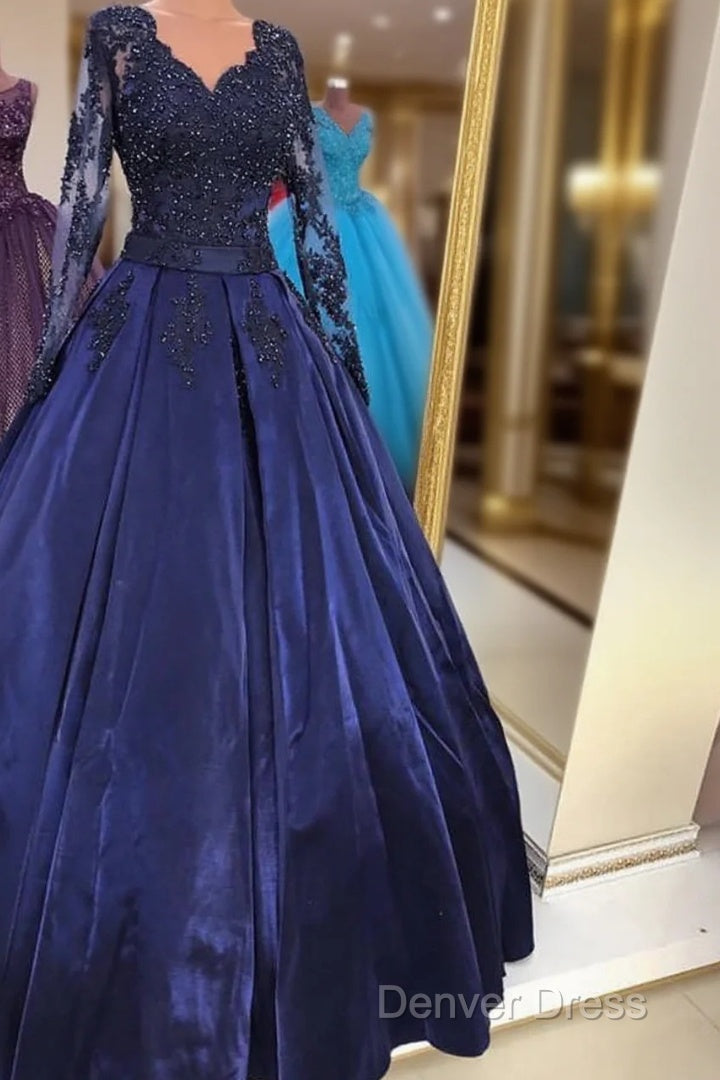 Navy Blue Satin Ball Gown Prom Dresses Lace Long Sleeves