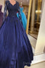Navy Blue Satin Ball Gown Prom Dresses Lace Long Sleeves