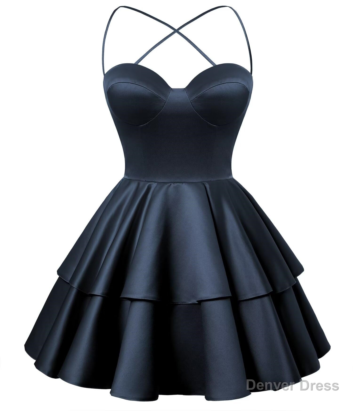 Navy Blue Satin Homecoming Dress Sweetheart Neck Tiered Short Graduation Dresses Main image