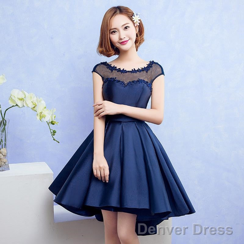 Navy Blue Satin Homecoming Dress With Lace Appliques, Blue Dark Navy Short Party Dress Prom Dress