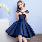 Navy Blue Satin Homecoming Dress With Lace Appliques, Blue Dark Navy Short Party Dress Prom Dress