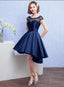 Navy Blue Satin Homecoming Dress With Lace Appliques, Blue Dark Navy Short Prom Dress