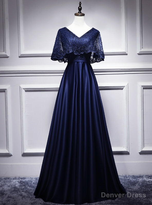 Navy Blue Satin Lace V Neck Bat Pearls Prom Dresses