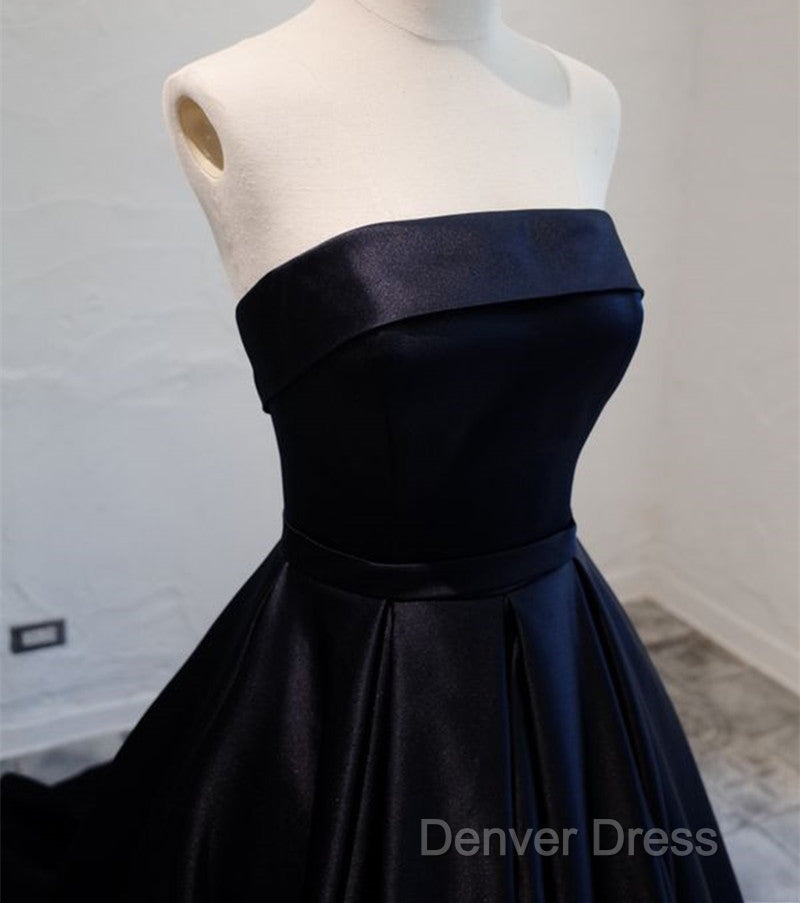 Navy Blue Satin Long Prom Dress, Elegant Dark Blue Prom Dress