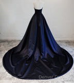 Navy Blue Satin Long Prom Dress, Elegant Dark Blue Prom Dress