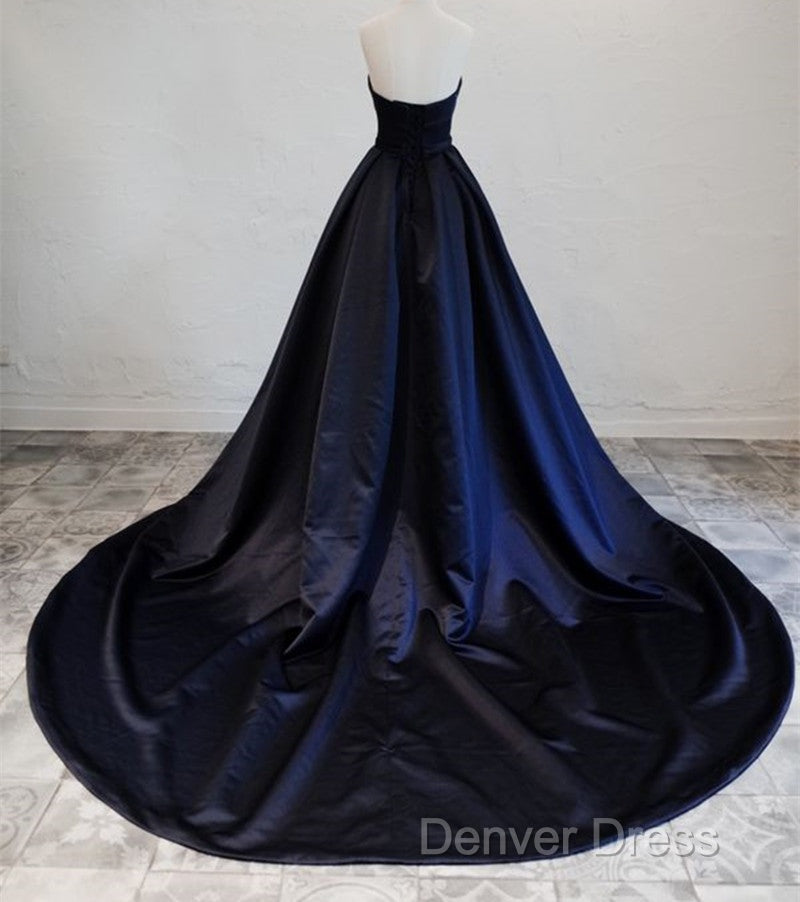 Navy Blue Satin Long Prom Dress, Elegant Dark Blue Prom Dress