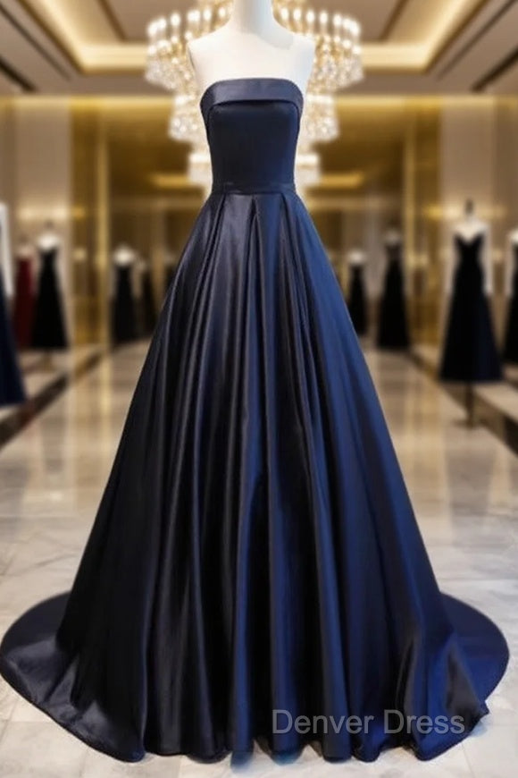Navy Blue Satin Long Prom Dress, Elegant Dark Blue Prom Dress Main image