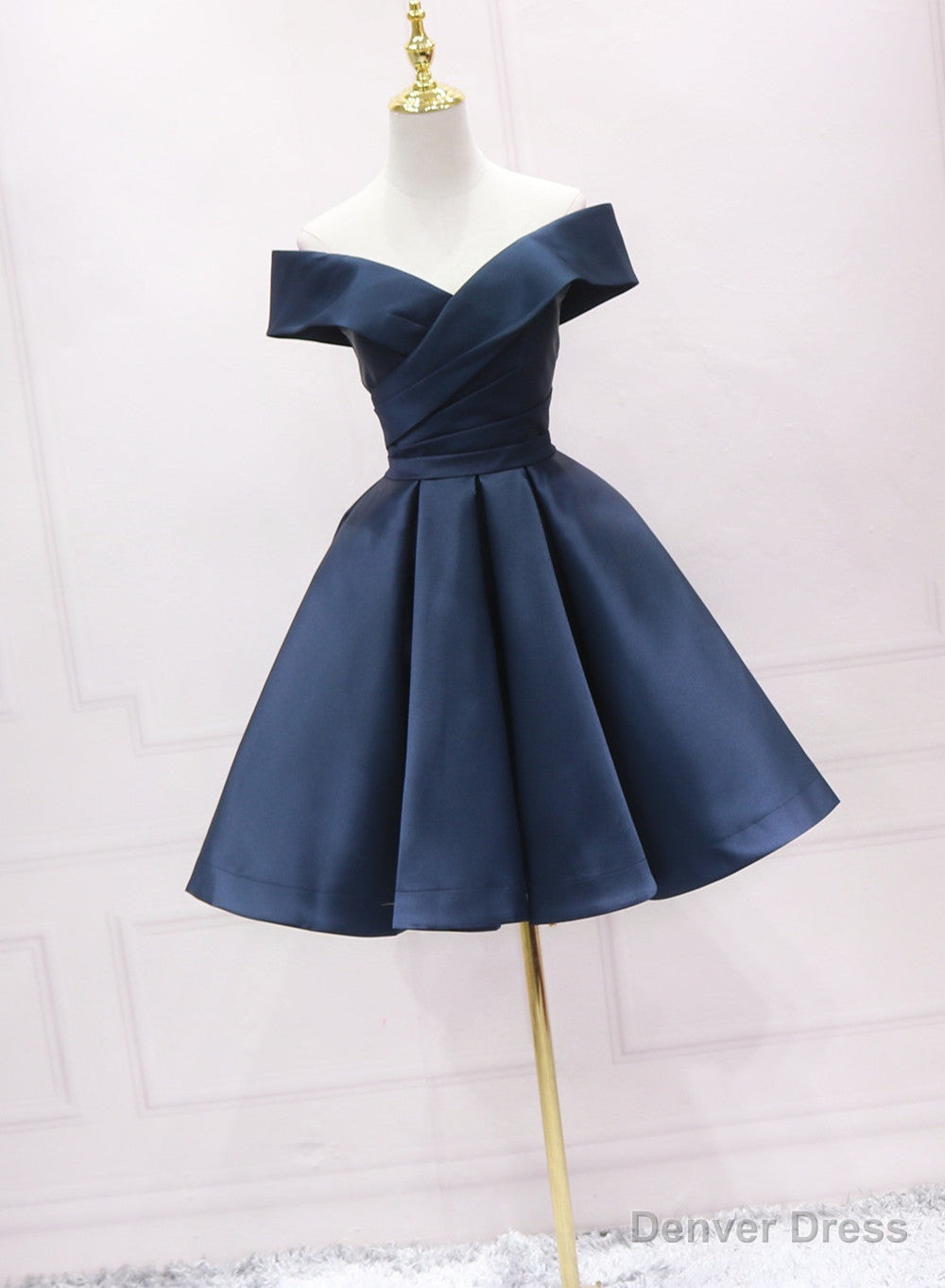 Navy Blue Satin Off Shoulder Bridesmaid Dress Party Dress, Short Prom Dress