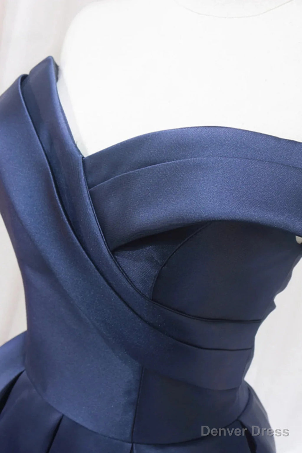 Navy Blue Satin Off Shoulder Knee Length Prom Dress, Navy Blue Homecoming Dresses