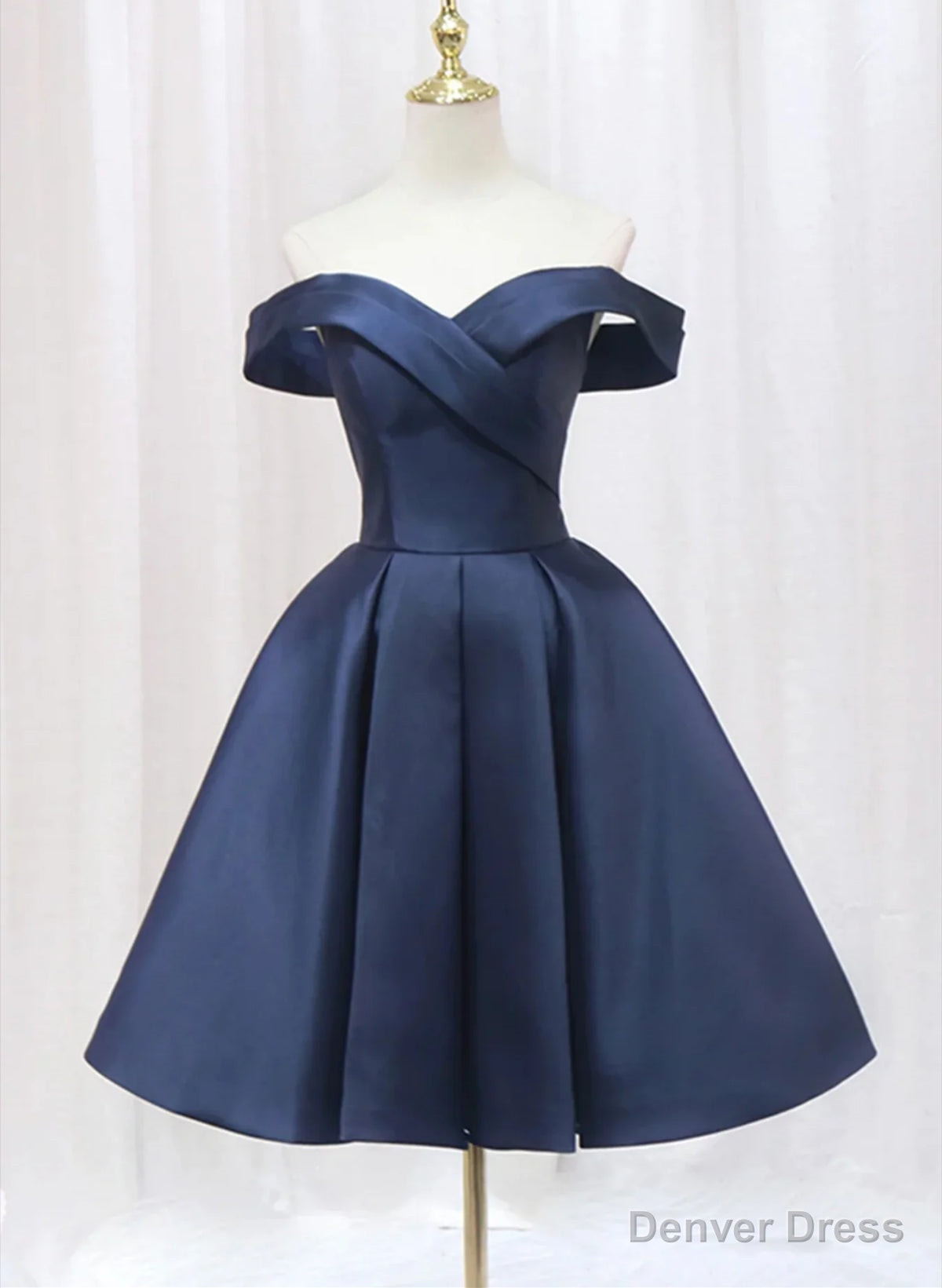 Navy Blue Satin Off Shoulder Knee Length Party Dress, Navy Blue Homecoming Dress Main image