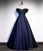 Navy Blue Satin Off Shoulder Long Prom Dress, Blue A Line Prom Dress