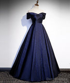 Navy Blue Satin Off Shoulder Long Prom Dress, Blue A Line Prom Dress