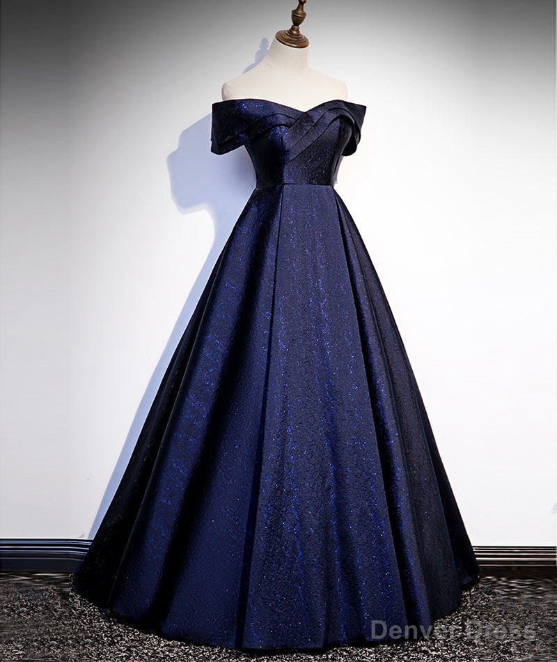 Navy Blue Satin Off Shoulder Long Prom Dress, Blue A Line Prom Dress