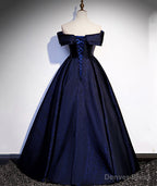 Navy Blue Satin Off Shoulder Long Prom Dress, Blue A Line Prom Dress