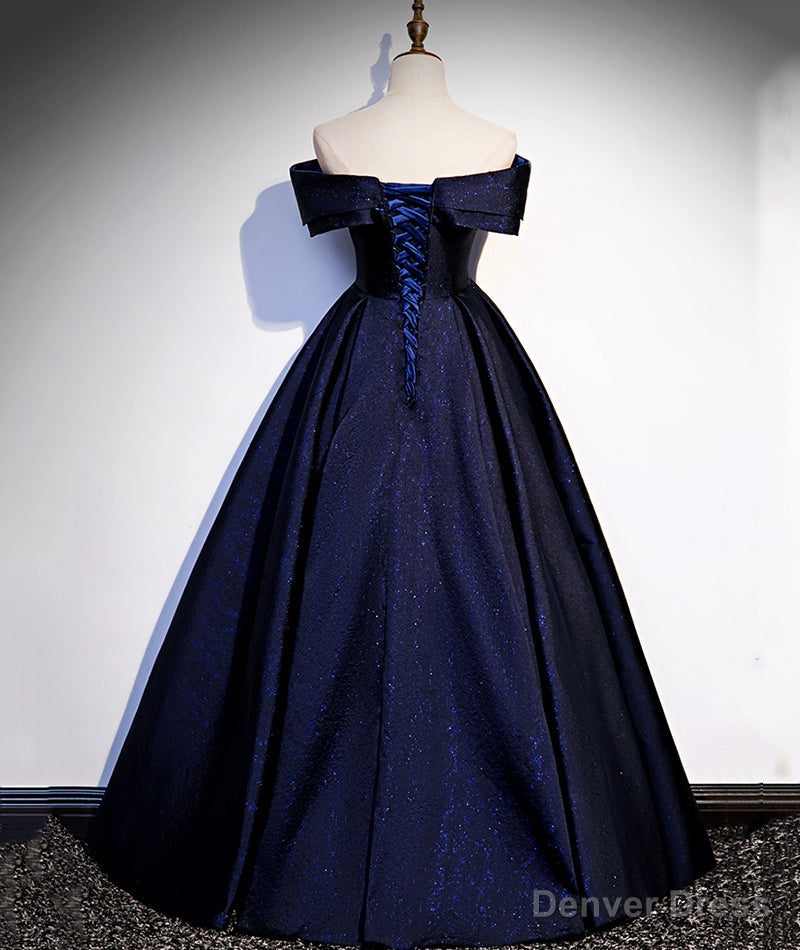 Navy Blue Satin Off Shoulder Long Prom Dress, Blue A Line Prom Dress