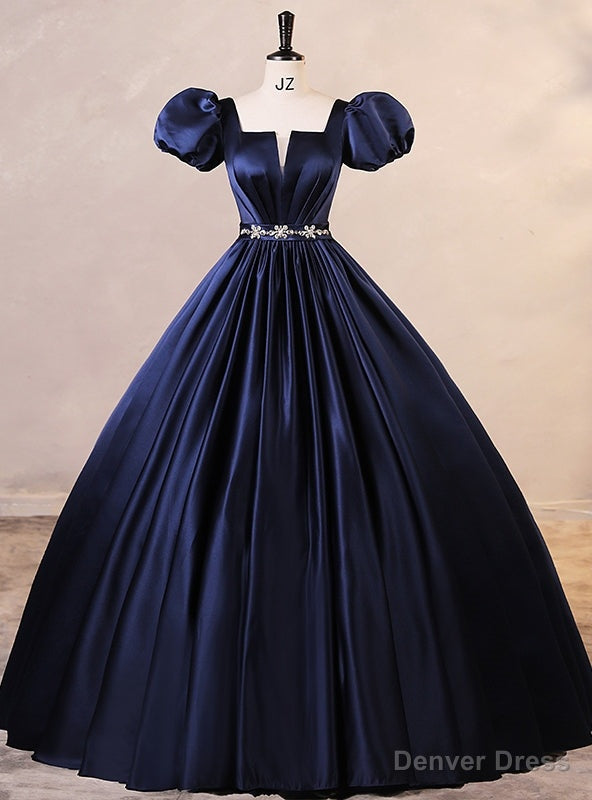 Navy Blue Satin Puff Sleeve Pleats Quinceanera Dresses