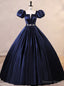 Navy Blue Satin Puff Sleeve Pleats Quinceanera Dresses