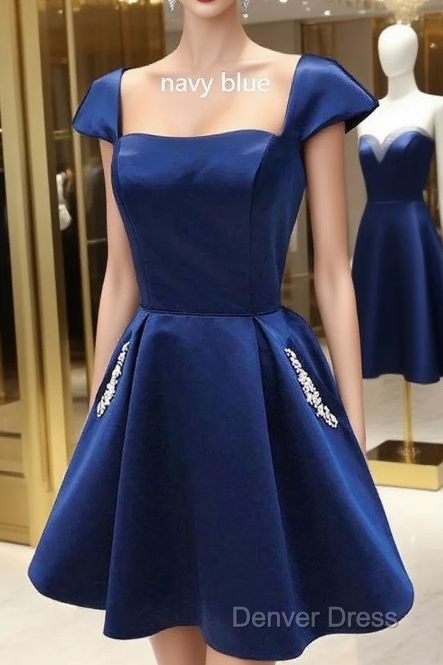 Navy Blue Satin Short A-Line Homecoming Dresses With Cap Sleeves And Beaded Pockets Main image